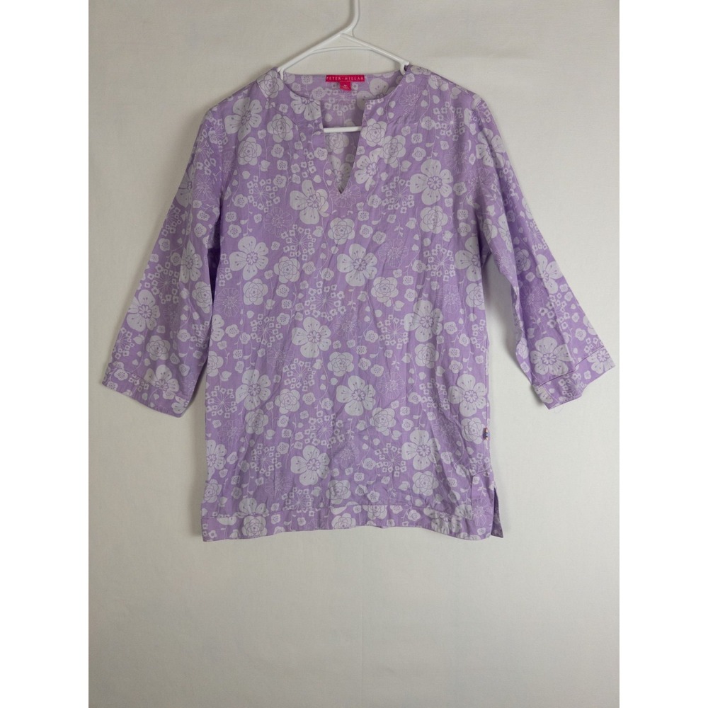 Peter Millar Blouse Womens‎ M Paurple Floral V Neck Pullover Tunic Long Sleeve